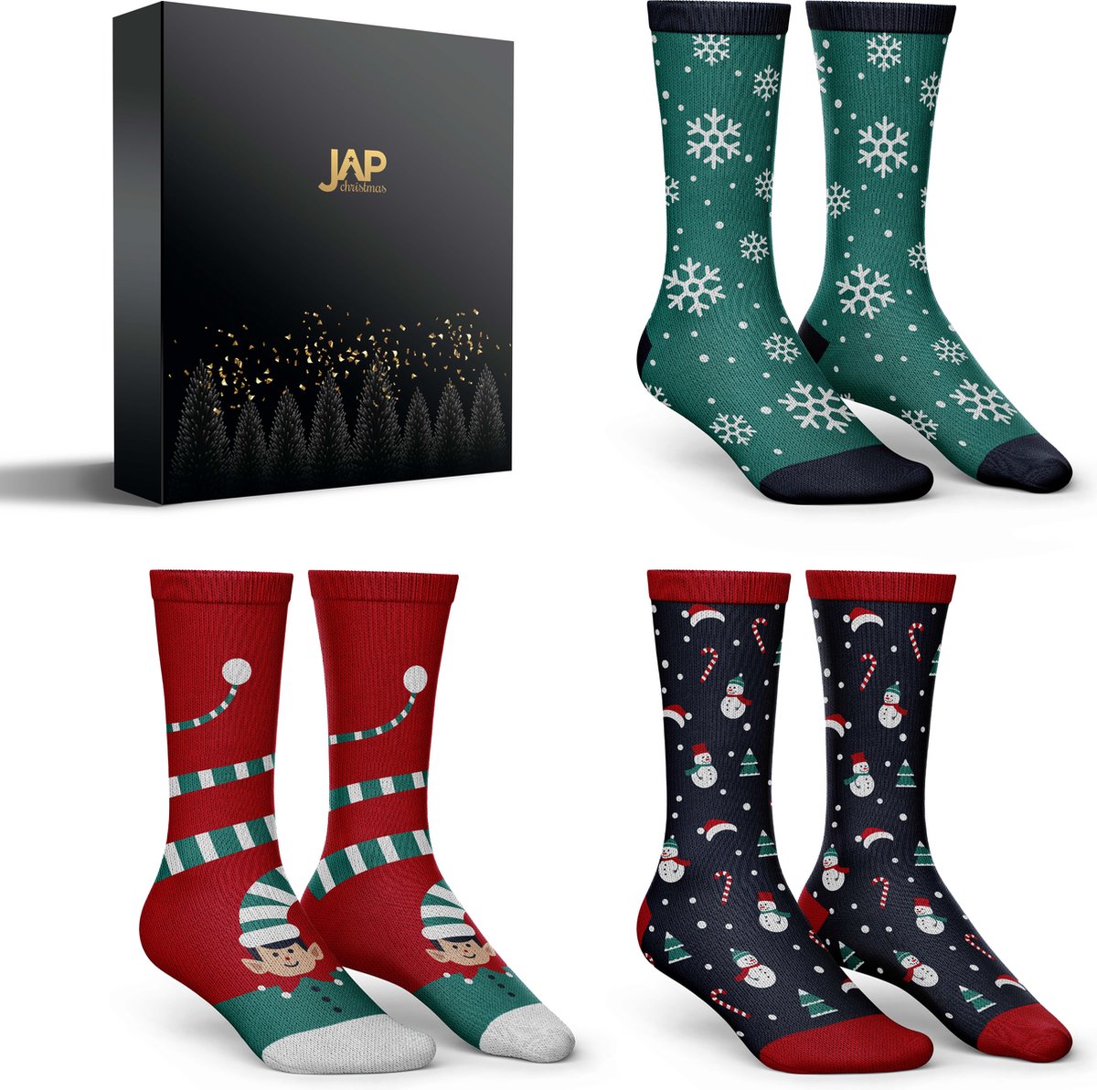 JAP Christmas - 3 Paar Kerstsokken met Cadeauverpakking - Happy kerst sokken voor dames, heren en kinderen - Grappige Huissokken voor mannen en vrouwen - Giftbox socks - Maat 41 tot 44