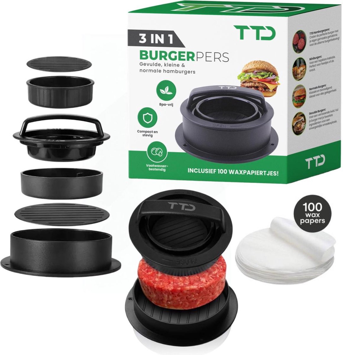TTD® Hamburgerpers en Hamburgermaker - Smash Burger - Grillgroeven - BBQ Accesoires - Burgerpers - Barbecue Accessoires - Burger Press - Ook voor Miniburgers en Gevulde Burgers - Vaatwasserbestendig - BPA Vrij - Inclusief 100 Waxpapiertjes - Zwart