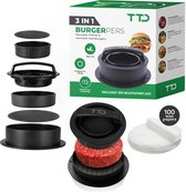 TTD® Hamburgerpers en Hamburgermaker - Smash Burger - Grillgroeven - BBQ Accesoires - Burgerpers - Barbecue Accessoires - Burger Press - Ook voor Miniburgers en Gevulde Burgers - Vaatwasserbestendig - BPA Vrij - Inclusief 100 Waxpapiertjes - Zwart