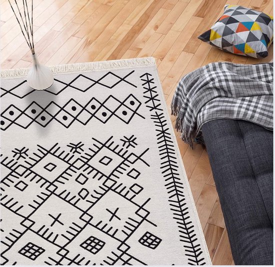 Omkeerbaar Gevlochten Vloerkleed met Design – Dubbelzijdig Tapijt met Handgeknoopte Franjes – 90% Katoen, 10% Polyester