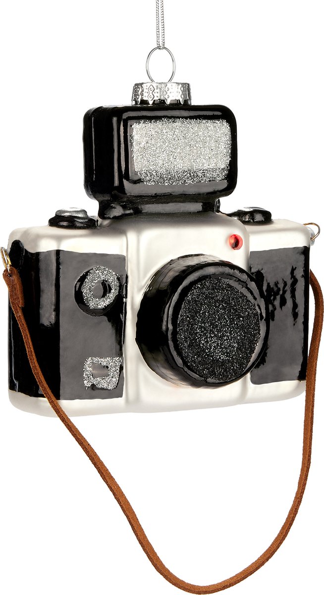 BRUBAKER Camera, handbeschilderde kerstbal van glas, 10 cm, boombol voor fotografen, zwart glitter, mondgeblazen kerstboomversiering, figuurtje, grappige decoratieve hanger