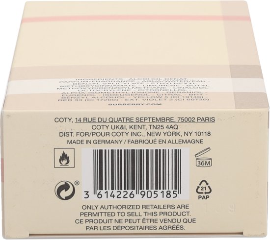 Onderkant van de doos van Burberry London Eau de Parfum, met barcode, instructies en contactgegevens.