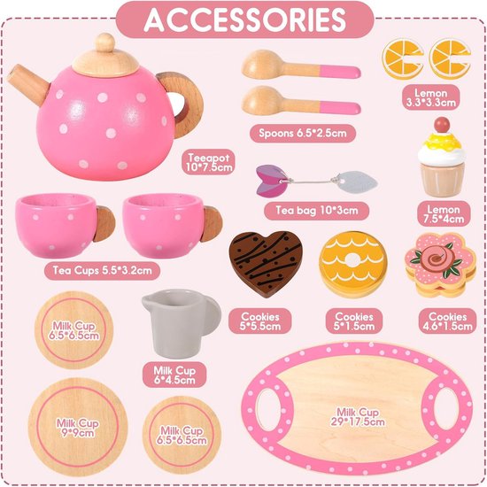 Farnirvana Theeservies voor kinderen, houten theeservies, keukenaccessoires, houten speelgoed, keukenspeelgoed, rollenspellen, cadeau voor meisjes en jongens, cadeau voor jongens en meisjes vanaf 3