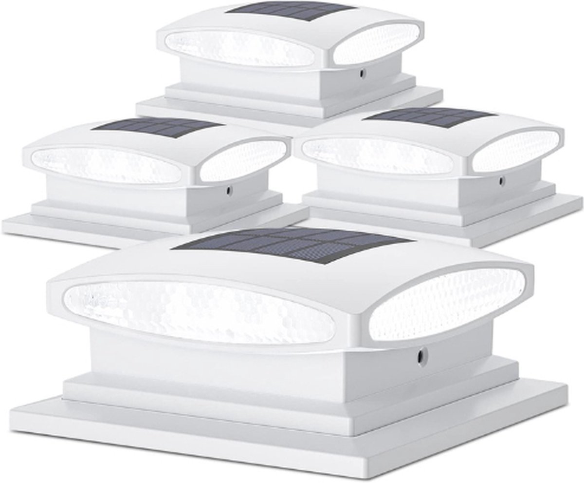 Zonne-Paalkap Verlichting Buiten - 2 Modi 24 LED Zonne-Aangedreven Hek Dek Licht Voor 4x4 5x5 6x6 Palen Tuin Patio Decoratie Warm Wit & Koel Wit - Wit (4 Stuks)