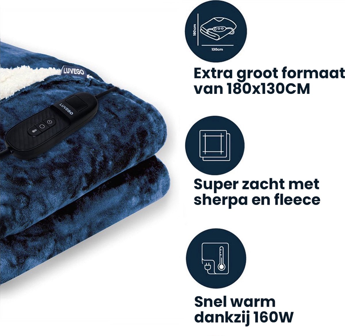 Afbeelding 2 van Luvego Elektrische Bovendeken Warmtedeken XL met Fleece/Sherpa | 1 Persoons Omslagdeken | Plaid 180x130 CM | 3.5 Meter Kabel | 160W | Donker Blauw