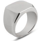 Zilverkleurige zegelring met gladde, vierkante bovenkant en dikke band.