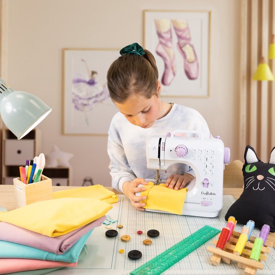 Crafts&Co Machine à coudre Enfants - Offre combinée avec kit de couture - Hobby & Créatif - Machine à coudre pour enfants - Wit