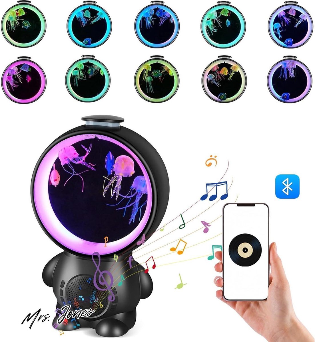 Mrs. Jones led fantasie kwallen lavalamp 8 kleuren sfeervol licht Jellyfish lamp instelbaar debiet witte ruis met USB-kabeloog cadeaus voor kinderen en volwassenen (zwart) .