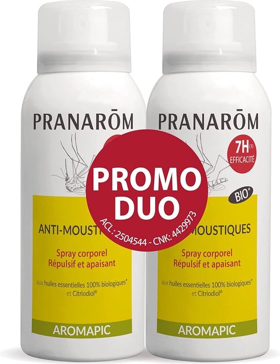 Twee witte flessen Pranarôm Aromapic Anti-Moustique spray met rode PROMO DUO sticker. Label is geel met tekst en een tekening van een mug.