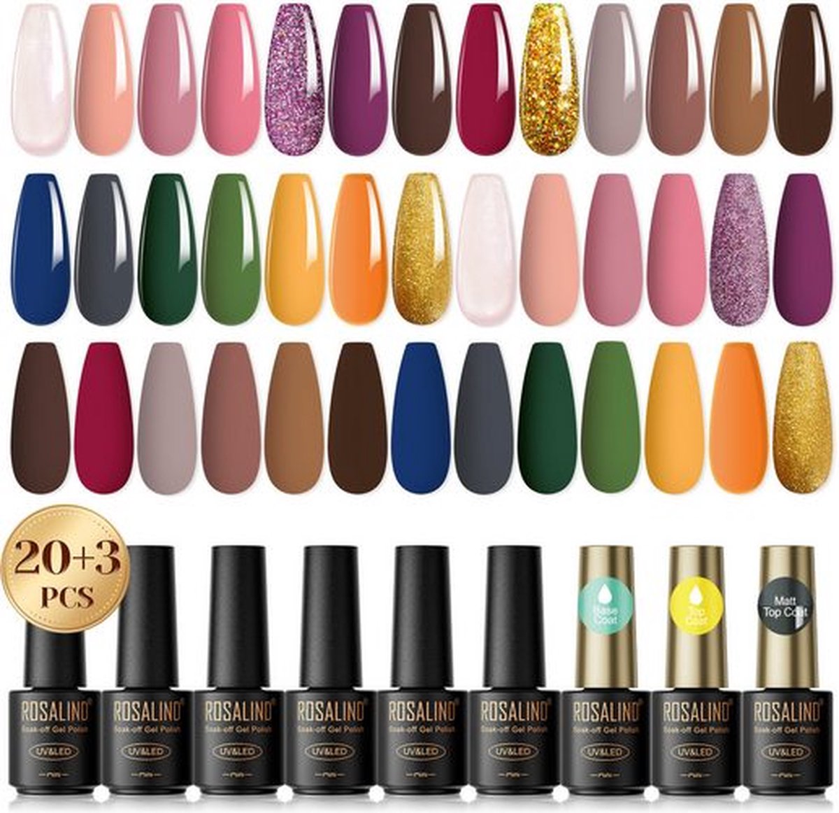 Goedkoopste UV-Nagellak - 23 Stuks UV-Gelnagellak Set - Shellac met Onderlak, Glanzende en Matte Toplak - Sneldrogend - 8 ml