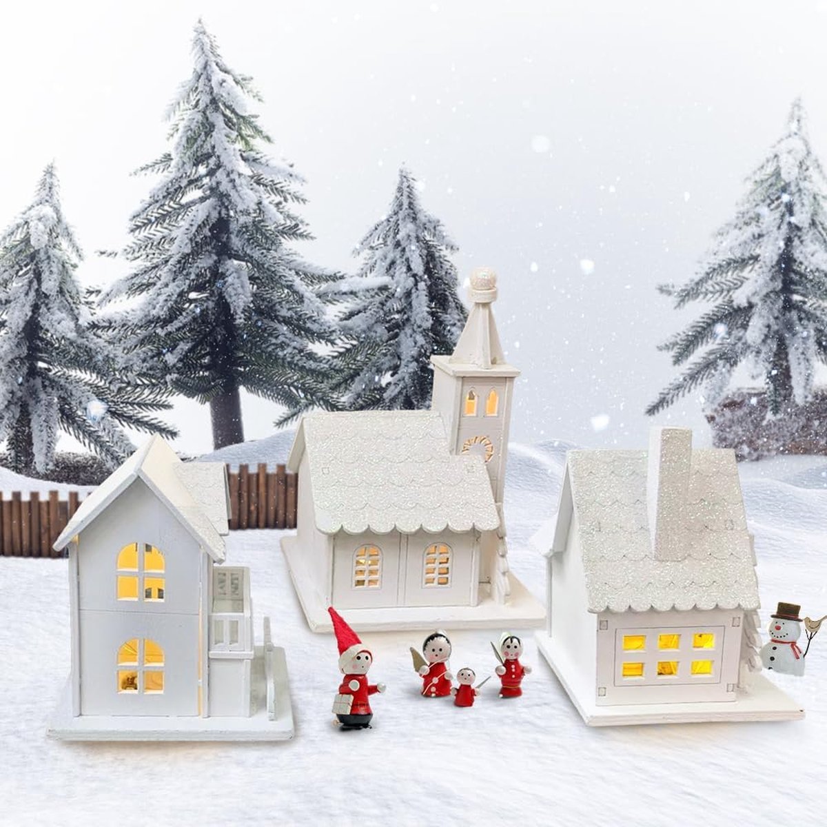 Set van 3 kerstdorpen met verlichting - kabouterhuis met licht - led-houten kerstdecoratie - kerstdecoratie - Amerikaanse kerstdecoratie - binnendecoratie - mini-kerststad – foto 3