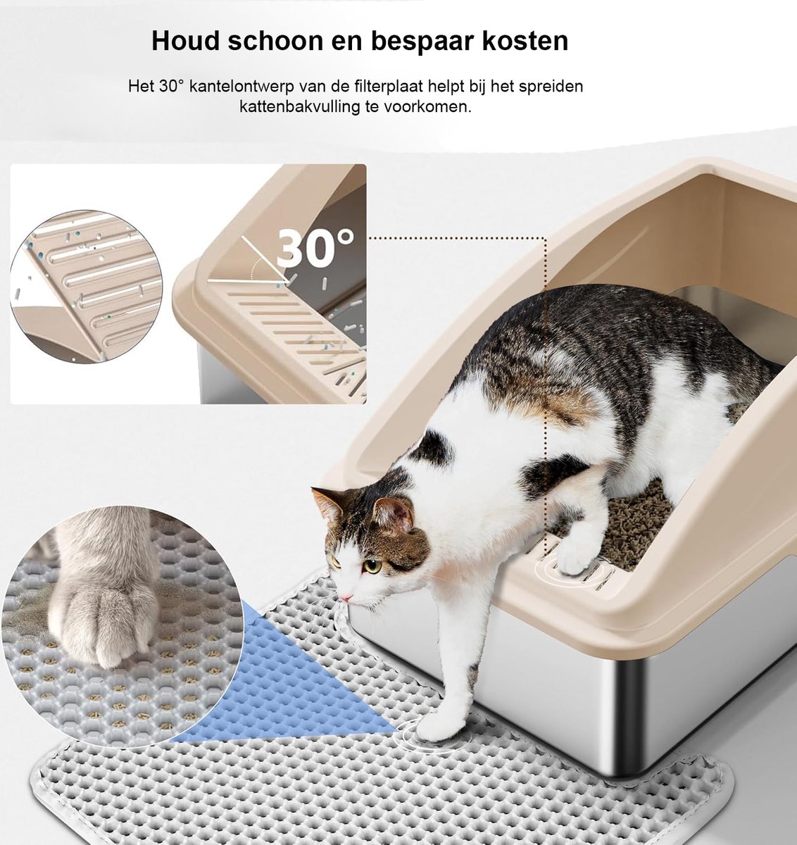 Kattenbak van roestvrij staal, XXL, voor grote katten met hoge rand, niet plakkerig (grijs