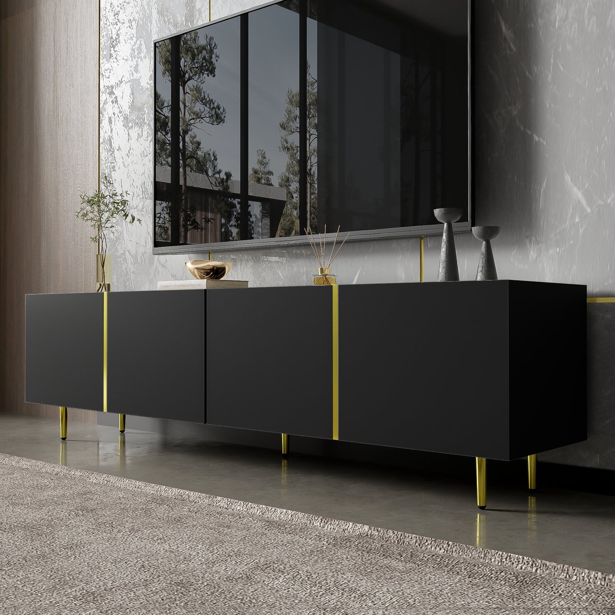 lukmebel RTV Kast ONYX Op Gouden Poten Hoogglans Elegant & Modern