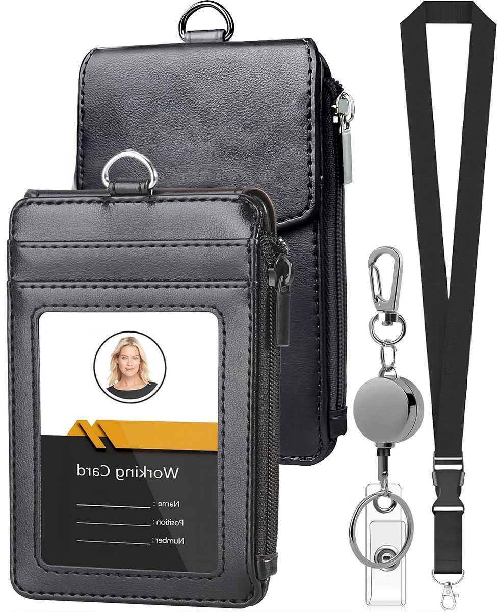 Kaartenhouder met Afneembaar Lanyard en Uittrekbare Sleutelhanger - Keycord Badgehouder - Kaarthouder voor Pasjes met Ritsvak - Portemonnee Kaart Houder - Nekkoord Keykoord - Universeel ID Pashouder - Badge Sleutels Koord - Nek Sleutelkoord - Zwart