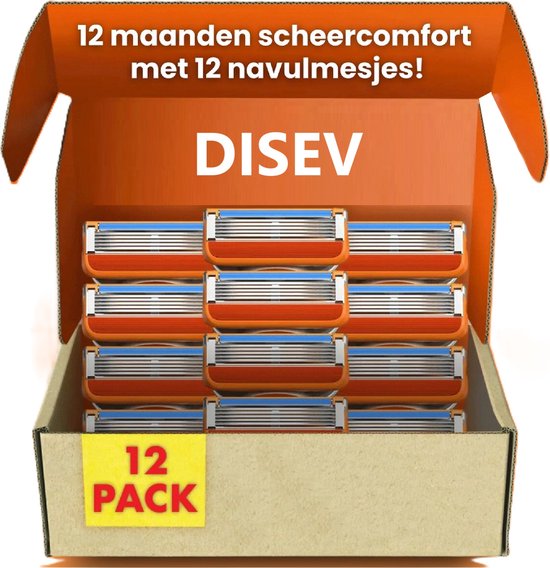 Open kartonnen doos met 12 oranje scheermesjes. Tekst '12 maanden scheercomfort met 12 navulmesjes!'.