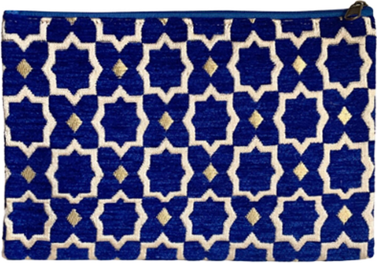 Luxe Handgemaakte Make-uptas met Zellig Motief - Marokkaanse Etui voor Reizen en Dagelijks Gebruik - Blauw