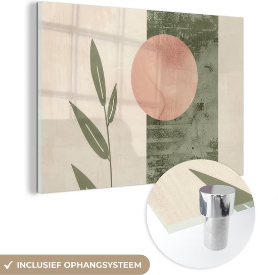 MuchoWow® Glasschilderij 150x100 cm - Schilderij acrylglas - Geometrisch - Roze - Groen - Natuur - Foto op glas - Muurdecoratie woonkamer - Wanddecoratie slaapkamer - Schilderijen