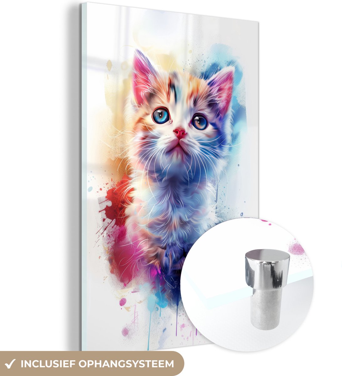 MuchoWow® Glasschilderij 60x90 cm - Schilderij acrylglas - Kat - Portret - Kleuren - Verf - Wit - Foto op glas - Muurdecoratie woonkamer - Wanddecoratie slaapkamer - Schilderijen