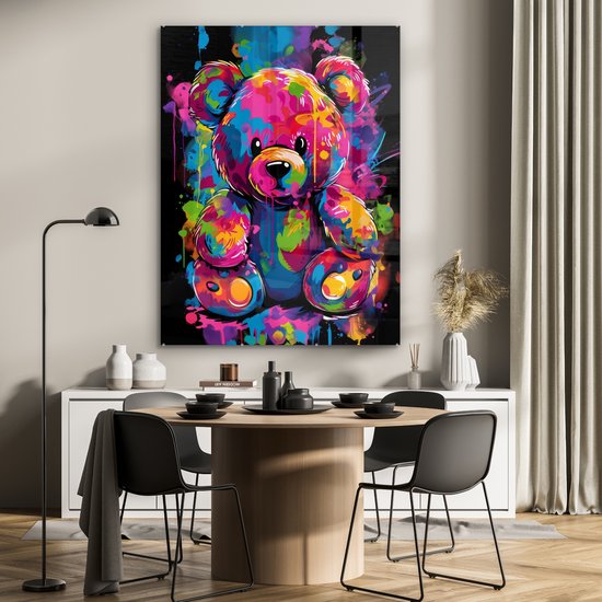 MuchoWow® Glasschilderij 90x120 cm - Schilderij acrylglas - Beer - Verf - Kleurrijk - Knuffeldier - Foto op glas - Muurdecoratie woonkamer - Wanddecoratie slaapkamer - Schilderijen