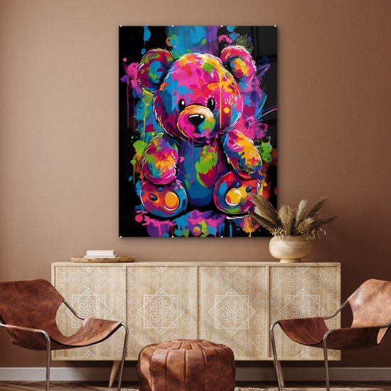 MuchoWow® Glasschilderij 90x120 cm - Schilderij acrylglas - Beer - Verf - Kleurrijk - Knuffeldier - Foto op glas - Muurdecoratie woonkamer - Wanddecoratie slaapkamer - Schilderijen
