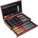 Een kunstenaars koffer met twee niveaus: bovenste niveau met potloden en verf, onderste met oliepastels.