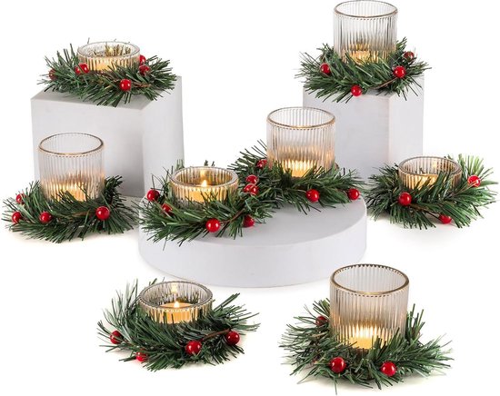 Kleine glazen theelichthouder met kerstkrans voor tafeldecoratie - Kerstmis en oudejaarsavond decoratie - Woonkamer, bruiloft, vensterbank deco