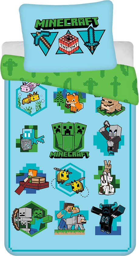 Blauw dekbedovertrek met Minecraft-thema en een kussensloop. Afbeeldingen van Creepers, Steve, Alex, bijen, en meer.