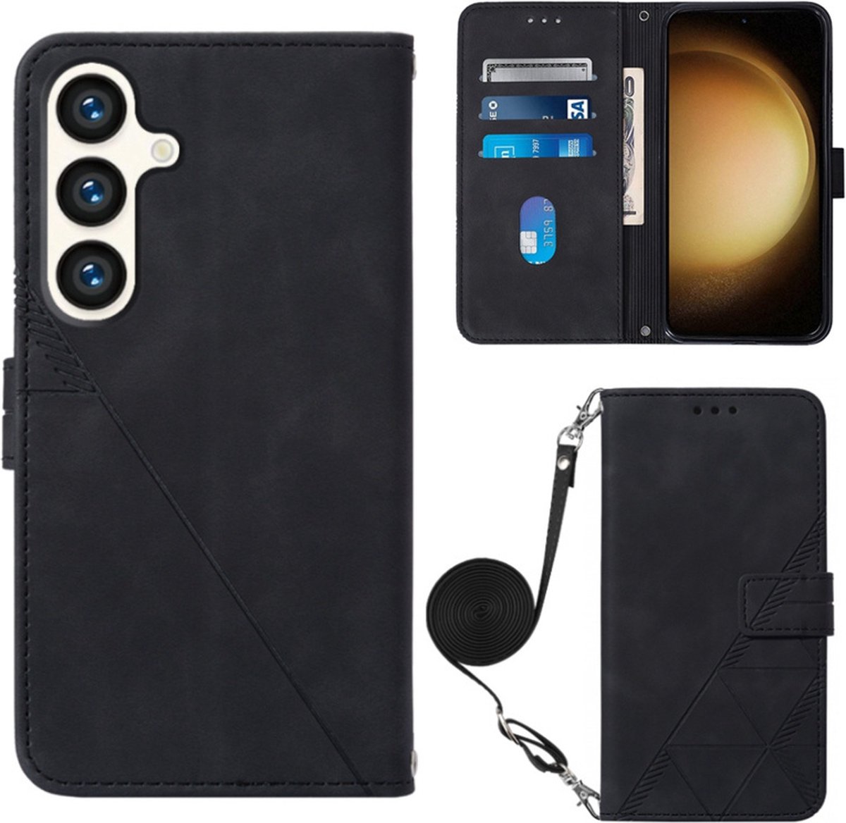 Hoes - Etui - Tas geschikt voor Samsung Galaxy S24 FE - Met Schouder - Draagkoord - Zwart