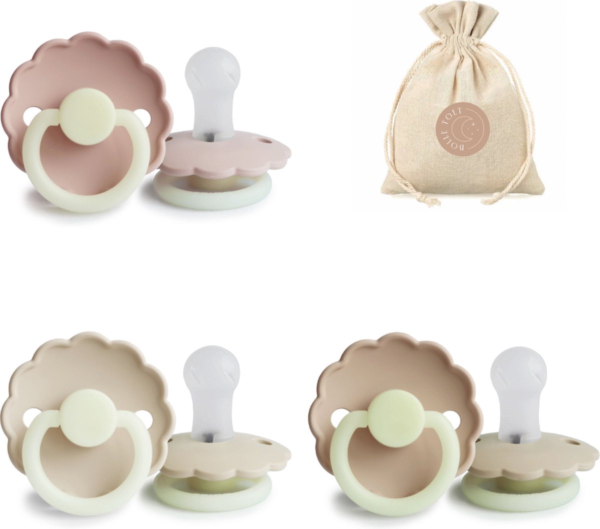 Goedkoopste Frigg spenen daisy - siliconen T1 0-6 maanden - glow in the dark cream, croissant en blush BolleToet zakje