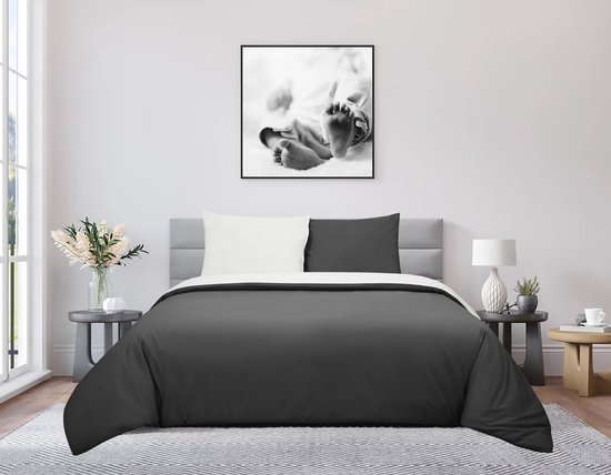 DoubleDry Dekbedovertrek 100% Percal Katoen - Tweepersoons 200x200/220 cm + 2 Kussenslopen - Zacht, Ademend en Huidvriendelijk - Antraciet/Wit van Merkloos — afbeelding 4