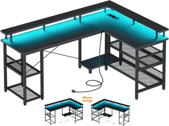 YOLO SHOP®-hoekbureau-Gaming bureau-met LED-150 × 102 cm-omkeerbaar-met 2 stopcontacten en 2 USB-poorten-met netplank-koolstofvezel