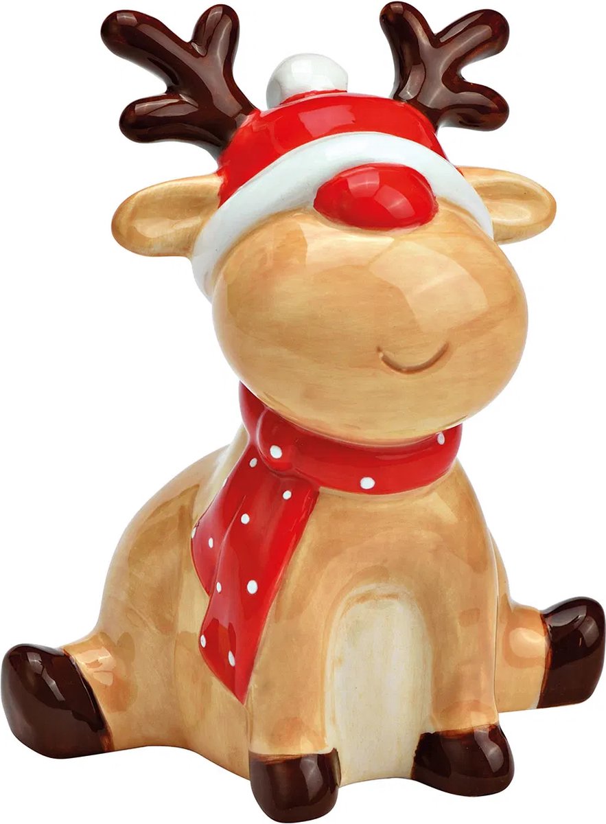 Beeldje kerst rendier met rode neus en muts over de ogen