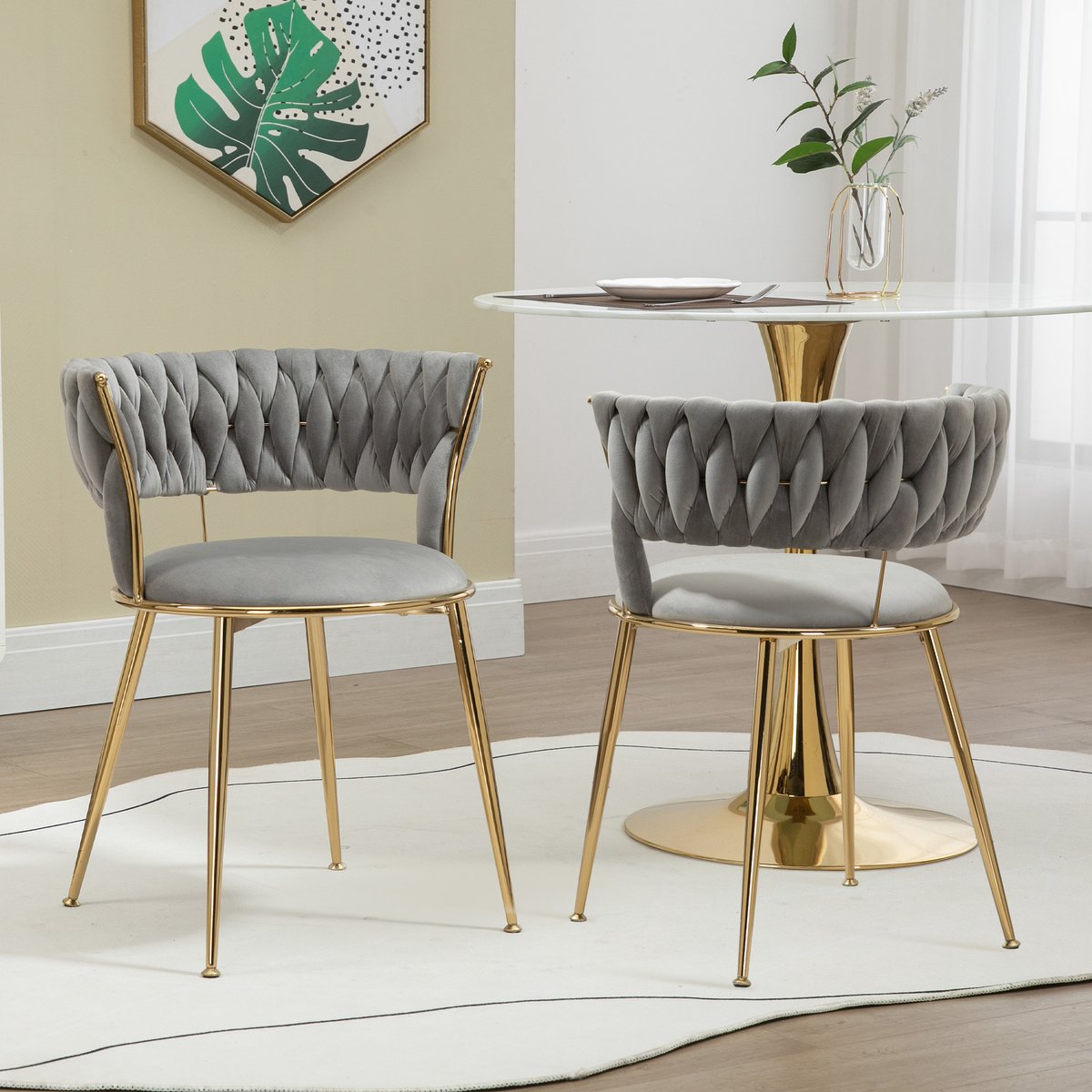 Gutent Eetkamerstoel, Grijs , Fluweel, set van 2, Gestoffeerde Loungestoel, Vingerrugleuning met armleuningen, Holle kapstoel