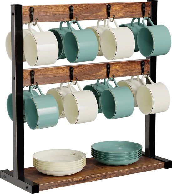 Mercadome® Mokkenrek - Bekerhouder - Koffie Beker - Theemok - Mok - Thee - Koffie - 16 haken - Antislip - Bruin - Hout - 42x16x44 cm