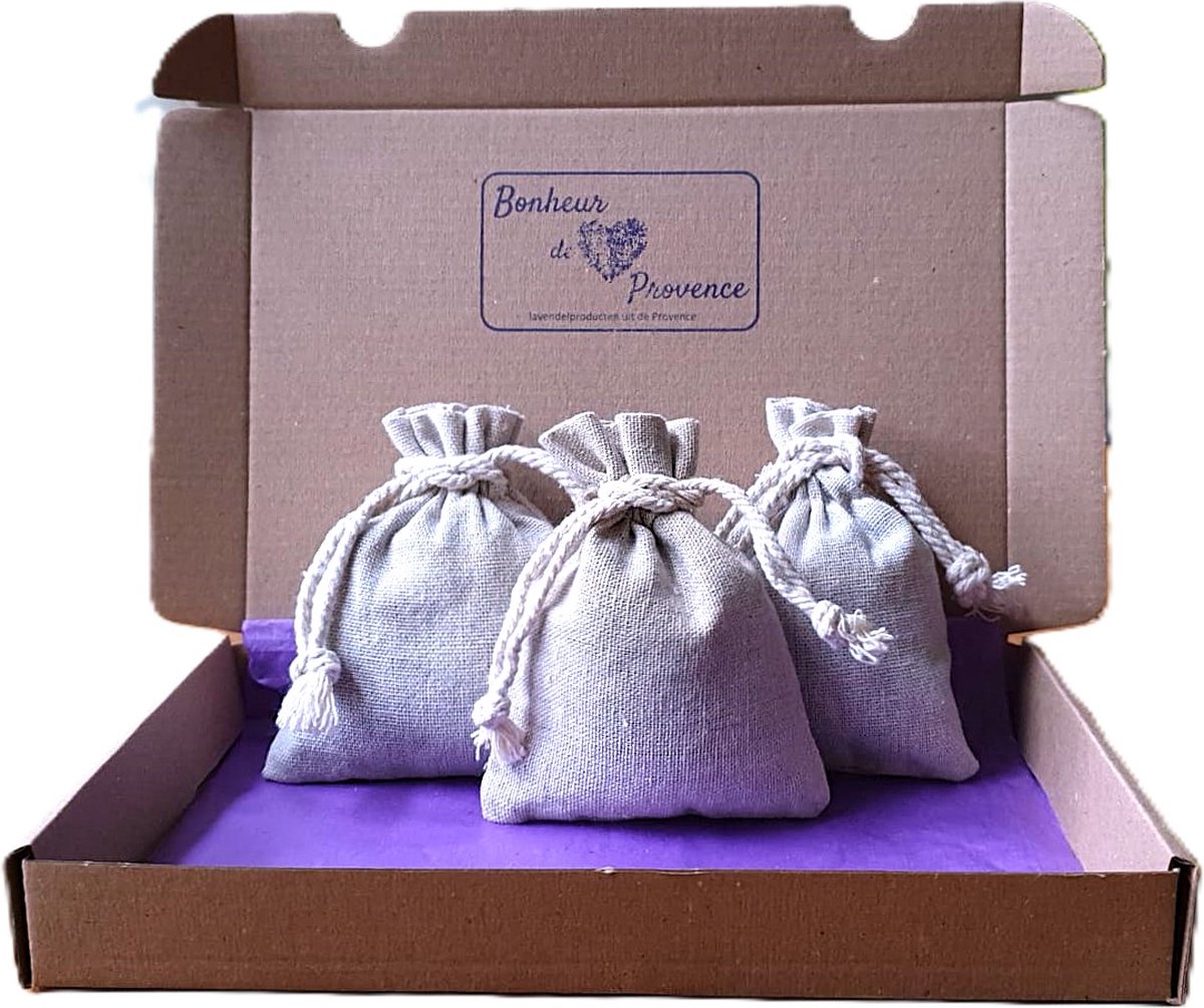 Bonheur de Provence© - 3 geurzakjes linnen met biologische lavendel - 15 gram per zakje - in luxe verpakking - geurzakje kledingkast
