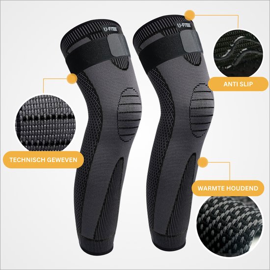 Zwarte compressie kniebraces met anti-slip en warmtehoudend technisch weefsel.