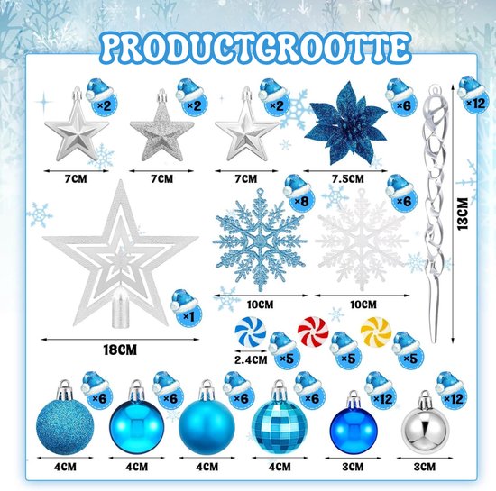 Set de décorations de sapin de Noël de 103 pièces avec Ornements bleu argenté et Siècle des Lumières LED - Boules de Noël Glitter - Cime d'arbre et assortiment de vacances