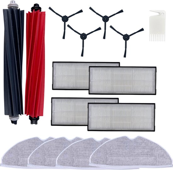 Ensemble d'accessoires: brosses rouleaux noire et rouge, quatre brosses latérales noires, quatre filtres blancs, quatre serpillières grises et un outil de nettoyage.