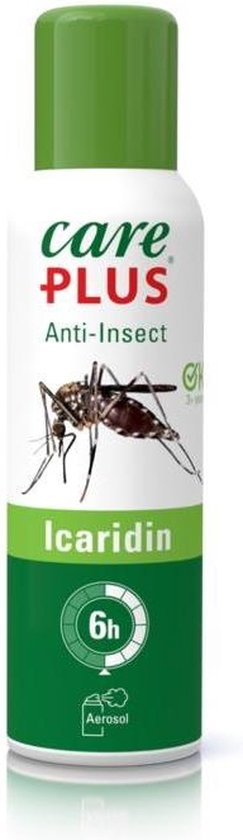 Care Plus Anti-Insect Icaridin 6h aerosol met groene dop, met afbeelding van een mug.