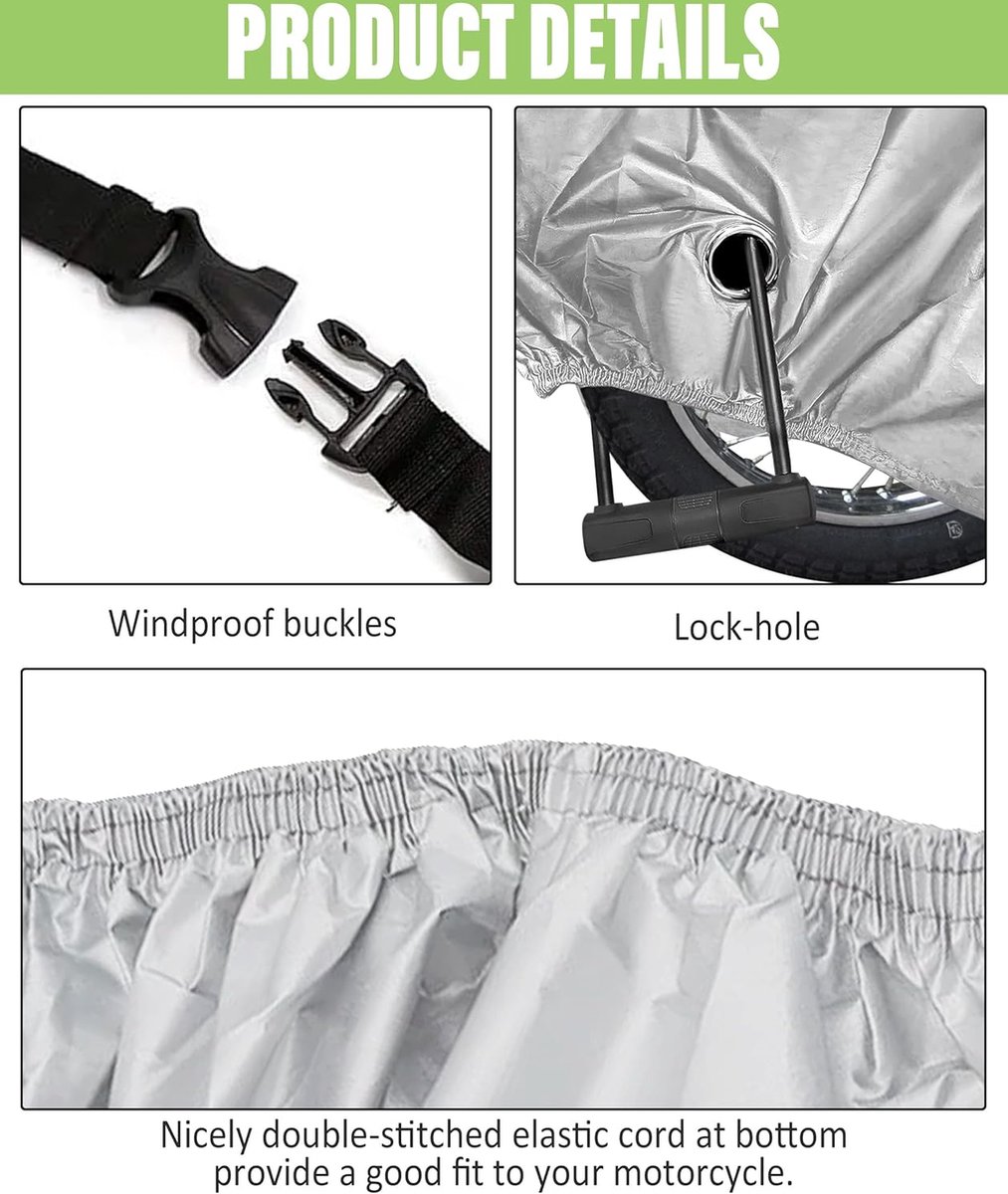 Motorhoes Waterdicht Buiten - 1 stuk - Universeel Motor en Scooter Hoes - 265 x 105 x 125 cm - XXXL - zwart - zilver - motorfiets hoes - regendicht - bescherming tegen de zon - stofdicht -motorfiets regenjas – foto 4