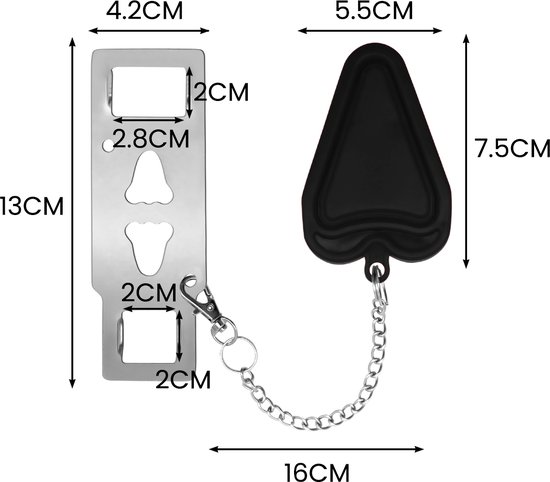 Een zilverkleurig metalen deurslot met een zwarte hartvormige sleutelhanger. Afmetingen zijn zichtbaar.