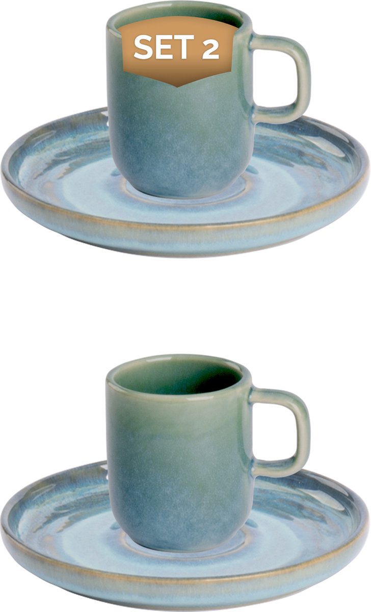 Palmer - Miami - Espresso kop en schotel - 2 stuks - 8 cl - Groen/Turquoise - Stoneware - Koffiekopjes