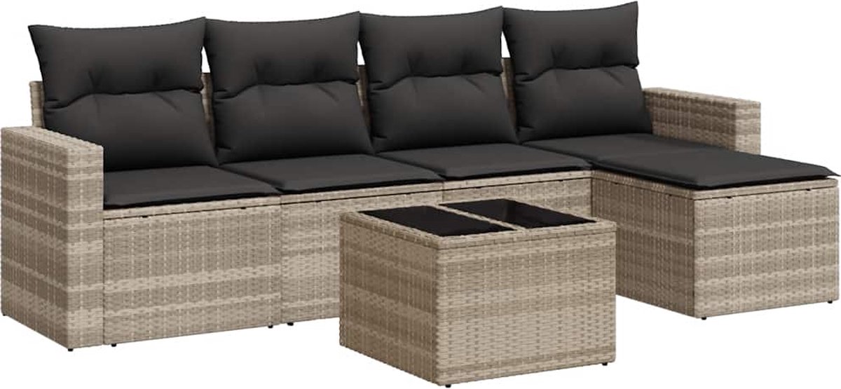 vidaXL 6-delige - Loungeset - met - kussens - poly - rattan - lichtgrijs