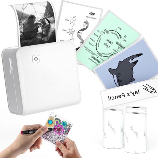 Phomemo M02 miniprinter voor smartphones, draagbare thermische printer met 3 papierrollen compatibel met iOS en Android voor studies, labels, foto's, schilderijen, notities - Wit