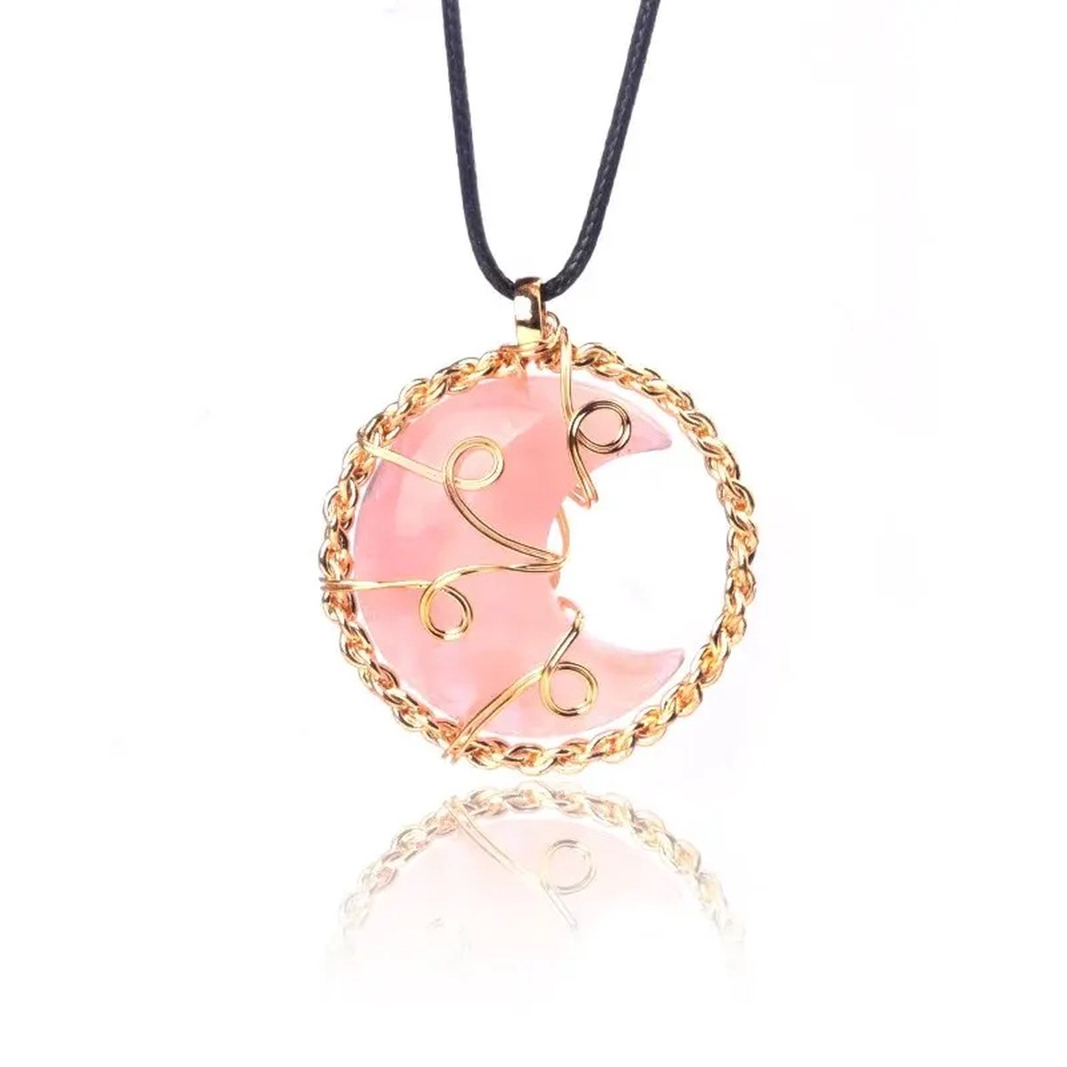 Cosy Casa® - Edelsteen - ketting - Rose Quartz - kristal - Rozenkwarts - Three of life - spiritueel - Maanvorm - Bergkristal - Natuurlijke edelsteen ketting - Cadeauverpakking - Maan