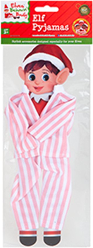 Elf pyjama met roze-witte strepen, met een kerstmuts