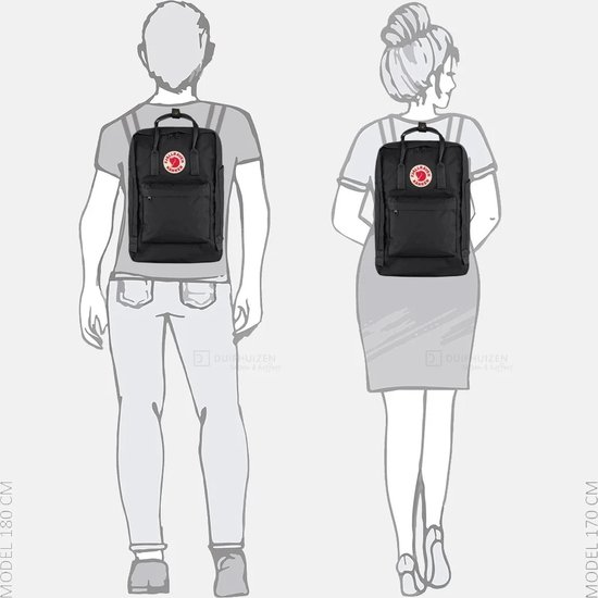Man en vrouw dragen een zwarte Fjällräven Kånken rugzak.