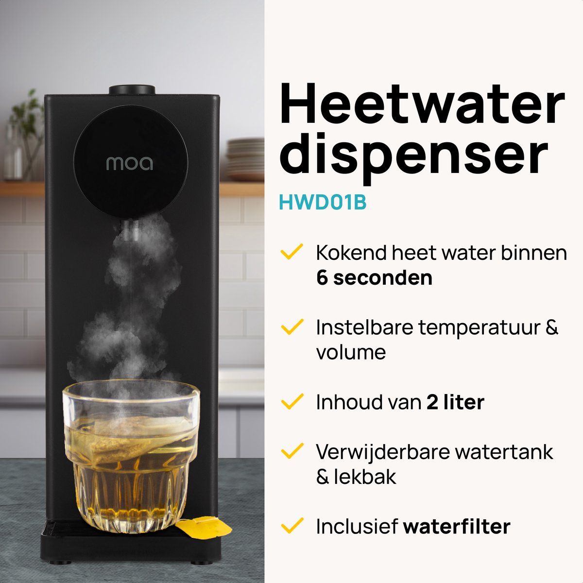 MOA Heetwaterdispenser 2L met Temperatuurregeling - Instant Waterkoker - BPA en PFAS Vrij - 20-100°C - Heetwatertap - Melkfunctie - BPA-vrij - Zwart — afbeelding 2