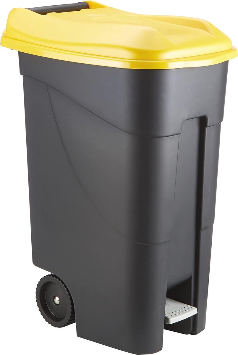 Goedkoopste Vuilnisemmer met Wielen en Pedaal - 80 Liter, Zwart/Geel