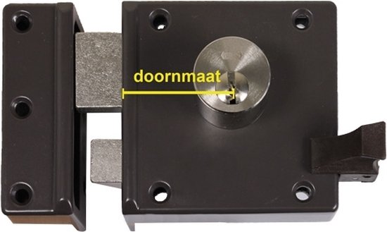 Bruin veiligheidsoplegslot met aanduiding 'doornmaat'.